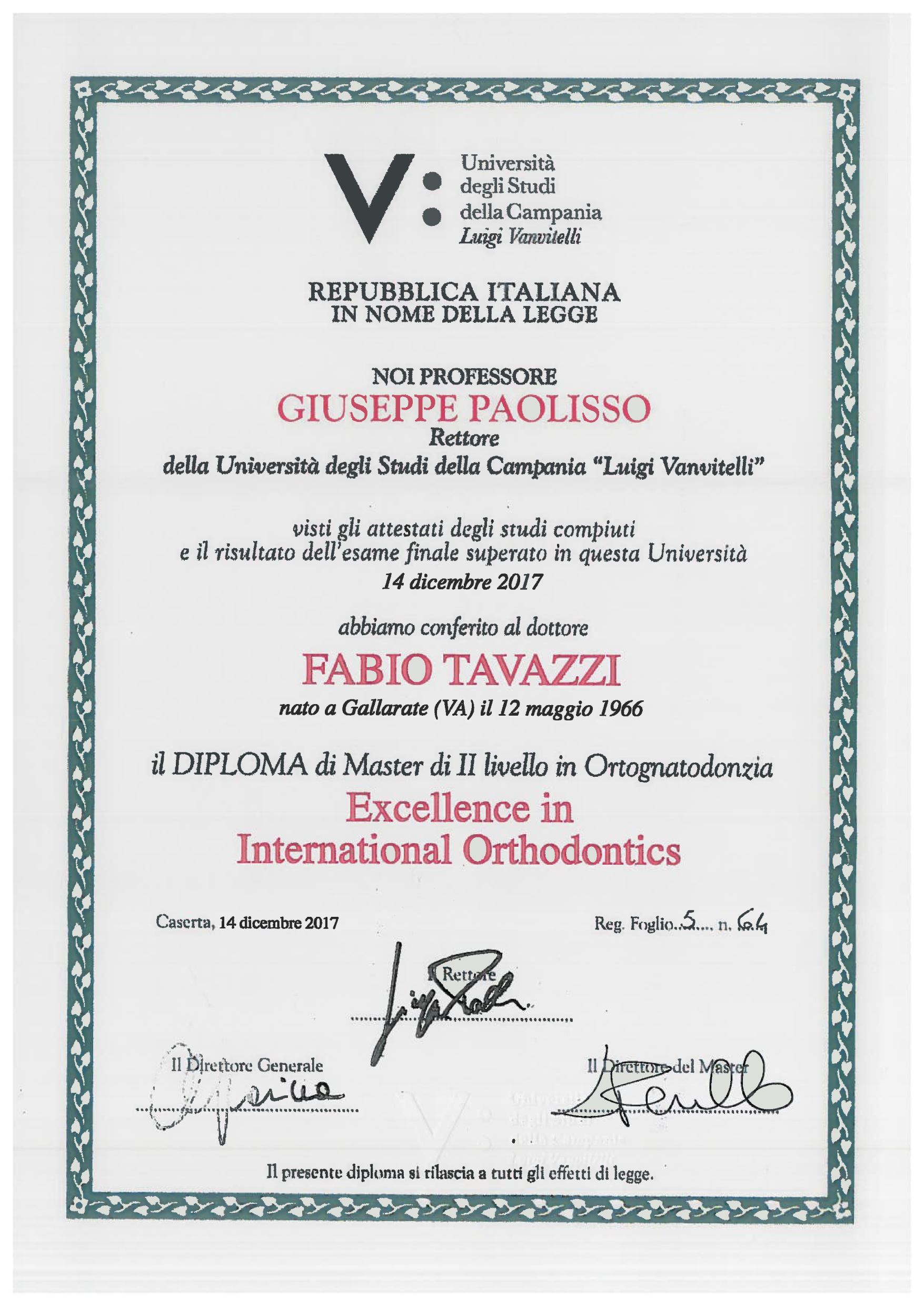 Diploma Di Laurea In Excellence In International Orthodontics Tavazzi Zanetti